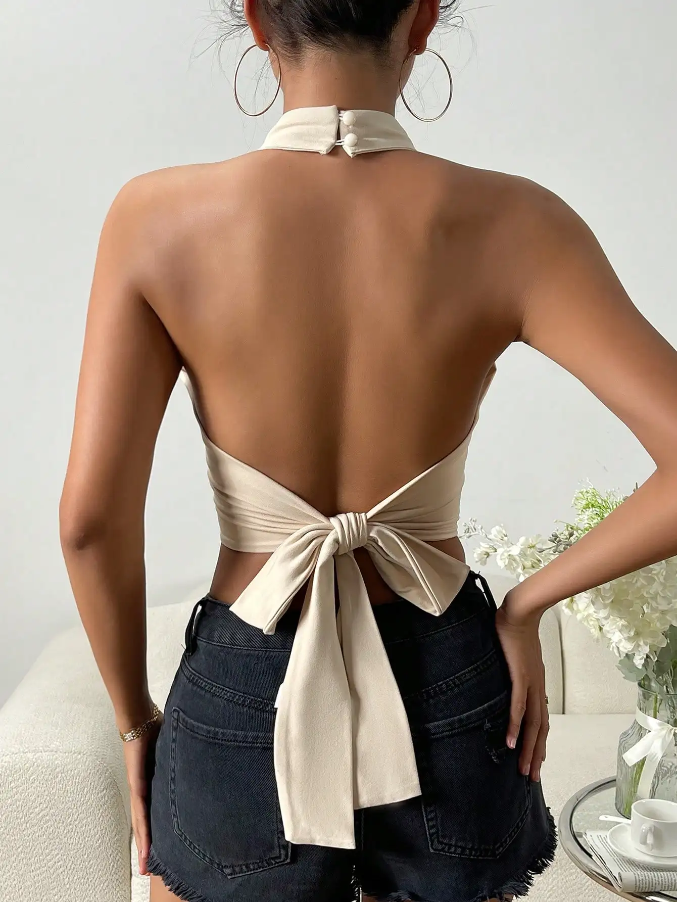 Sleeveless halter cross halter belt tied slim knit vest for women Hanging Neck Design Sexy And Hharming