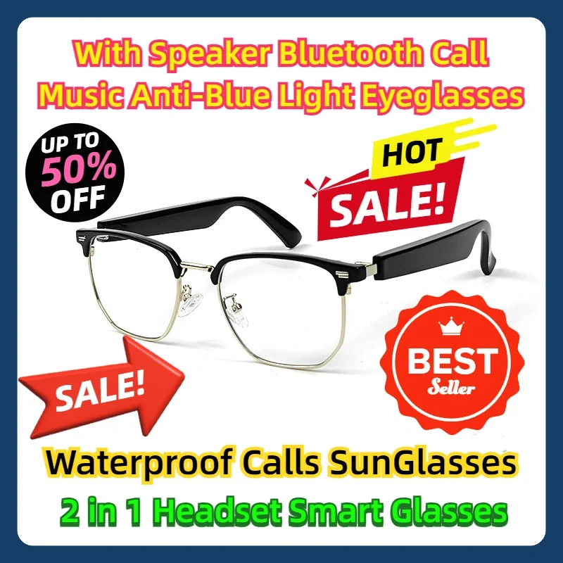 

With Speaker Bluetooth Call Music Anti-Blue Light Eyeglasses Eyewear Waterproof Calls SunGlasses 2 in 1 Headset Smart Glasses