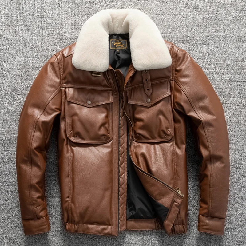 Light Brown Winter Leather Jacket Men Retro Style Plus Size 5XL Genuine Natural Sheepskin Wool Collar Thick Warm Down Coat