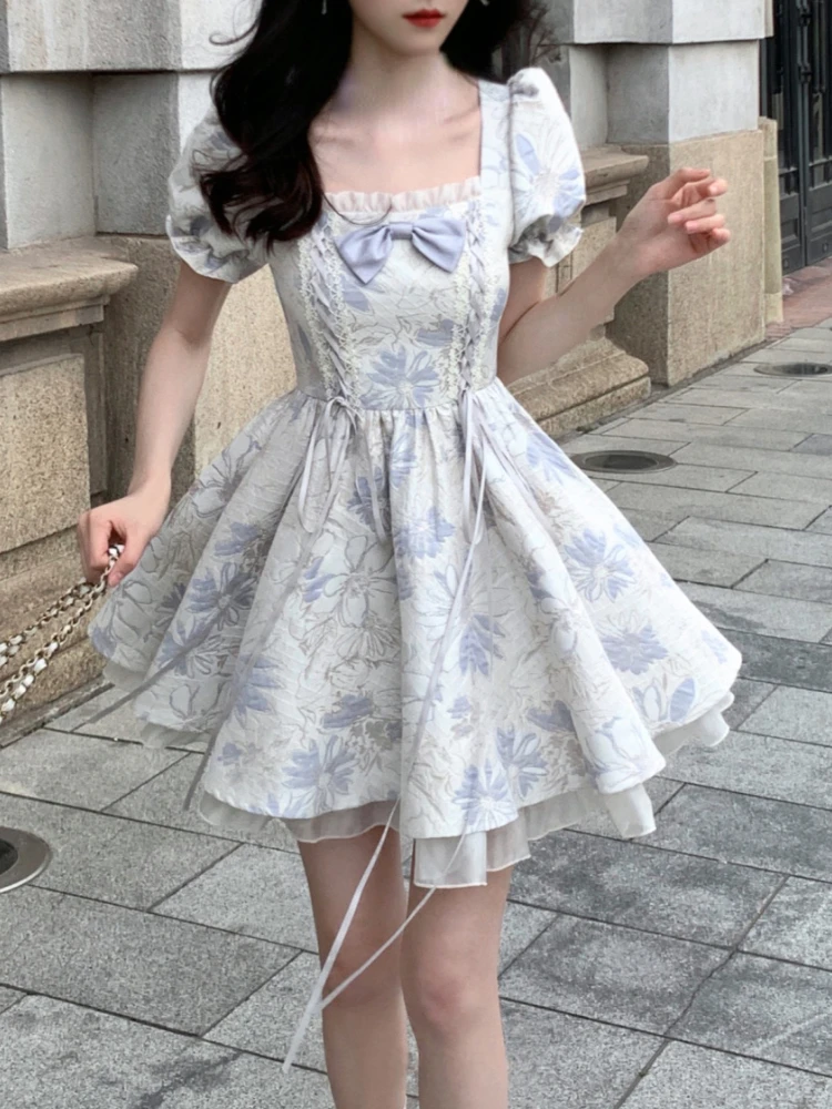 

2023 Summer Floral Elegant Mini Dress Women Square Collar Office Lady Dress Party Style Casual One Piece Dress Korean Fashion