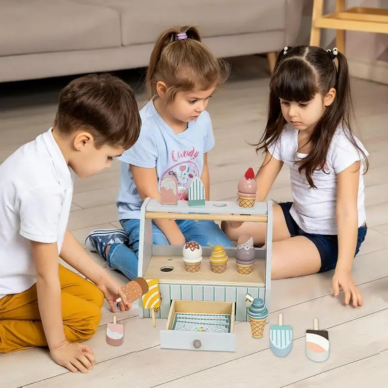 Kids Ice Cream Playset Wooden Pretend Ice Cream Shop Kitchen Toys Ice Cream Shop Toy Simulation Ice Cream Toy Set Kids Ice Cream