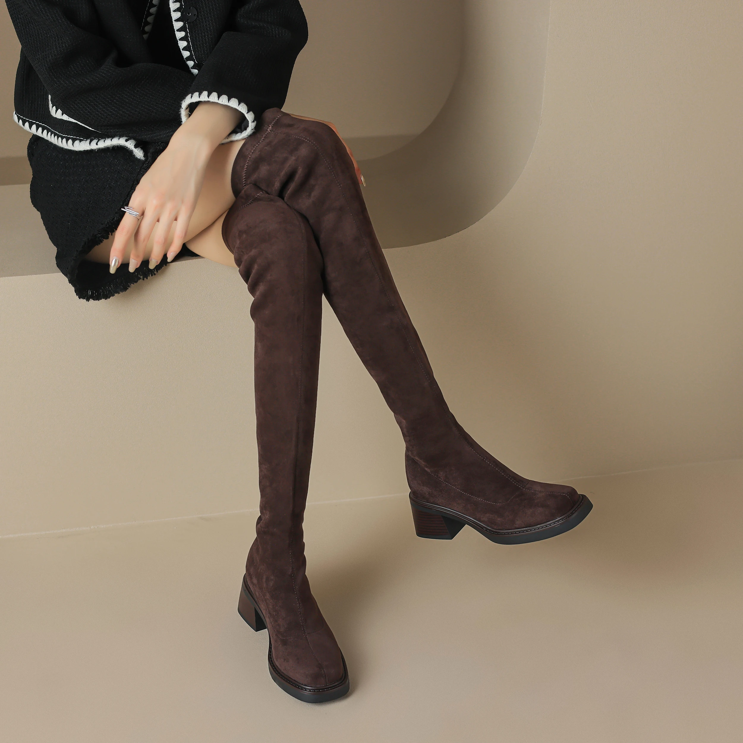 QUTAA 2024 Sexy Women Over The Knee High Boots Stretch Platforms Flock Thick High Heels Long Boots Shoes Woman Size 34-43