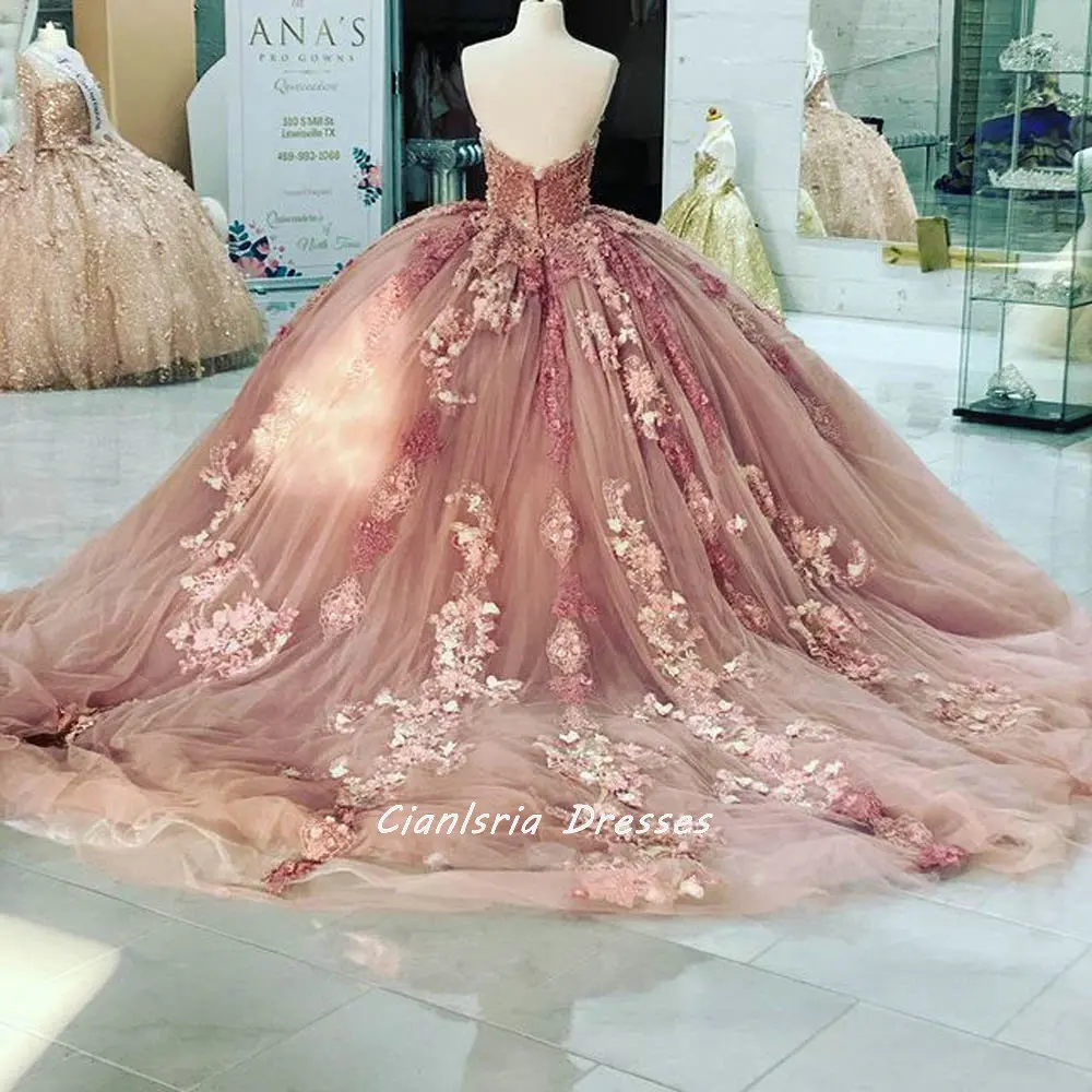 Vestido de quinceañera con espalda abierta, traje de quinceañera con perlas y cuentas de color rosa rubor, Apliques de encaje, escote corazón, sin mangas, dulce 16, fiesta de graduación