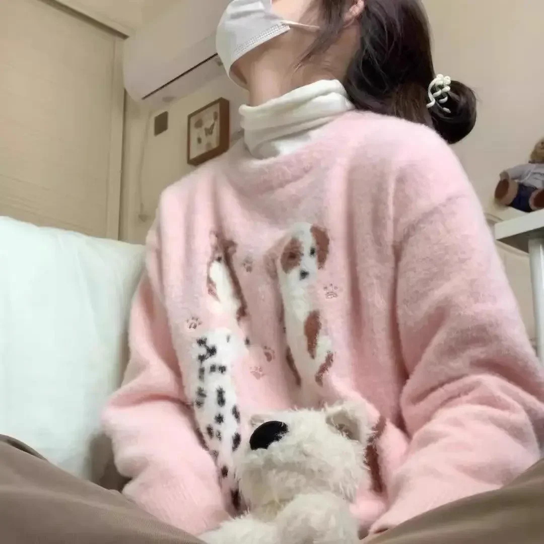 

Lazy American Vintage Mink Cashmere Pullovers O Neck Long Sleeve Y2K Sweaters Dog Jacquard Women Sueter Mujer Knitted