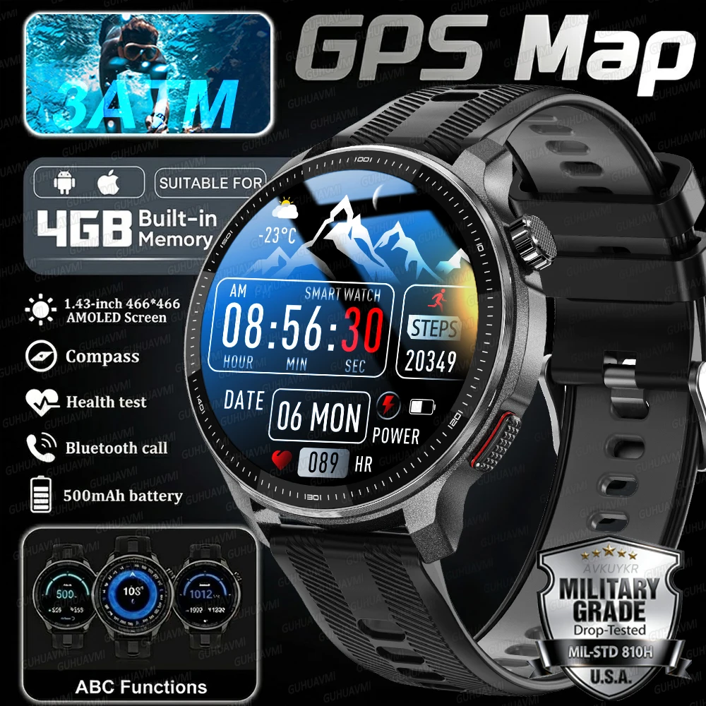 

2026 New GPS Offline Map Outdoor Sports Smart Watch 4GB Memory 1.43" AOD Music&Video Player Waterproof Bluetooth Call Smartwatch