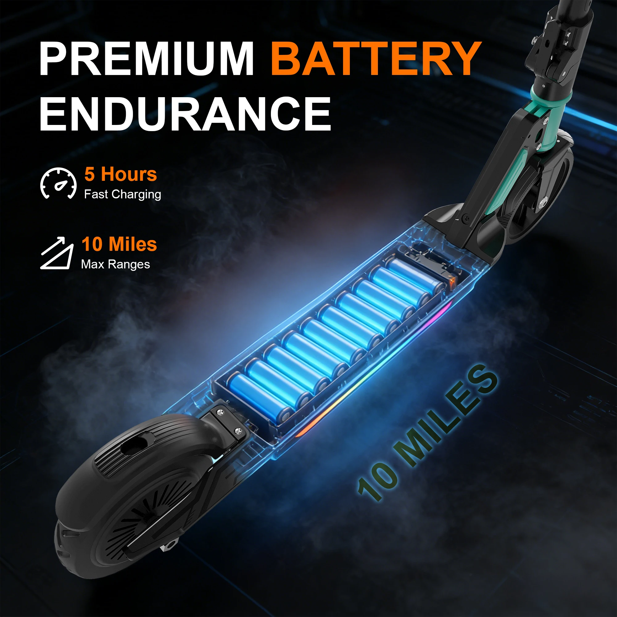 Commugo Foldable Electric Scooter for Kids Ages 8+, Teens , 250W Motor up to 12 MPH, 10 Mile Range, UL2272 Certified, Rainbow LED Lights view 3