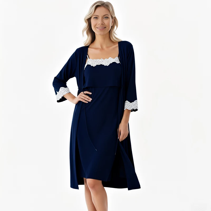 بعد الولادة الرضاعة الطبيعية فستان بكتافة + رداء 2 قطعة مجموعة الحمل منامة ملابس خاصة التمريض ملابس نوم المرأة الحامل Homewear #3