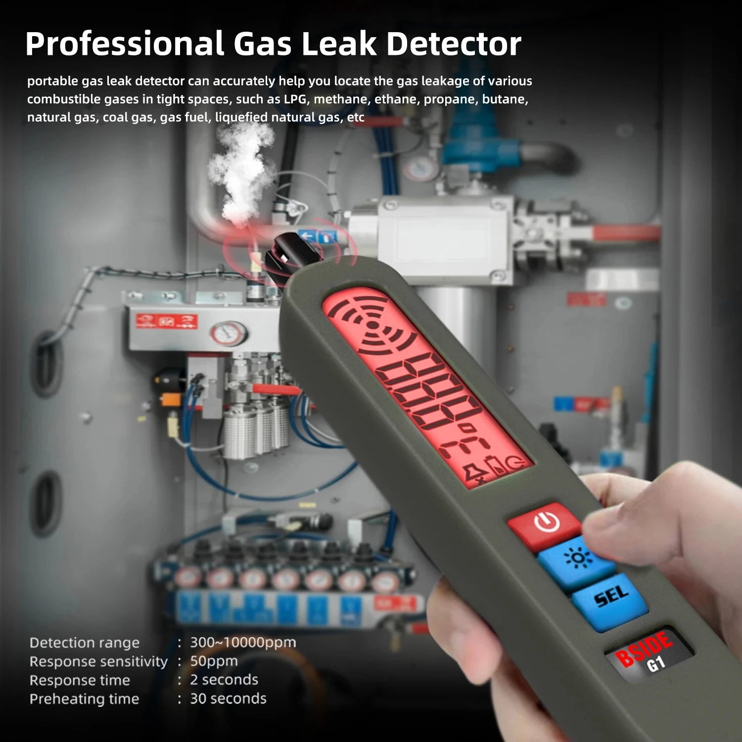 G1 Gas Leak Detector Combustible Flammable Natural Gas PPM Analyzer Audible and Visual Alarm with LCD Display Gas Detector