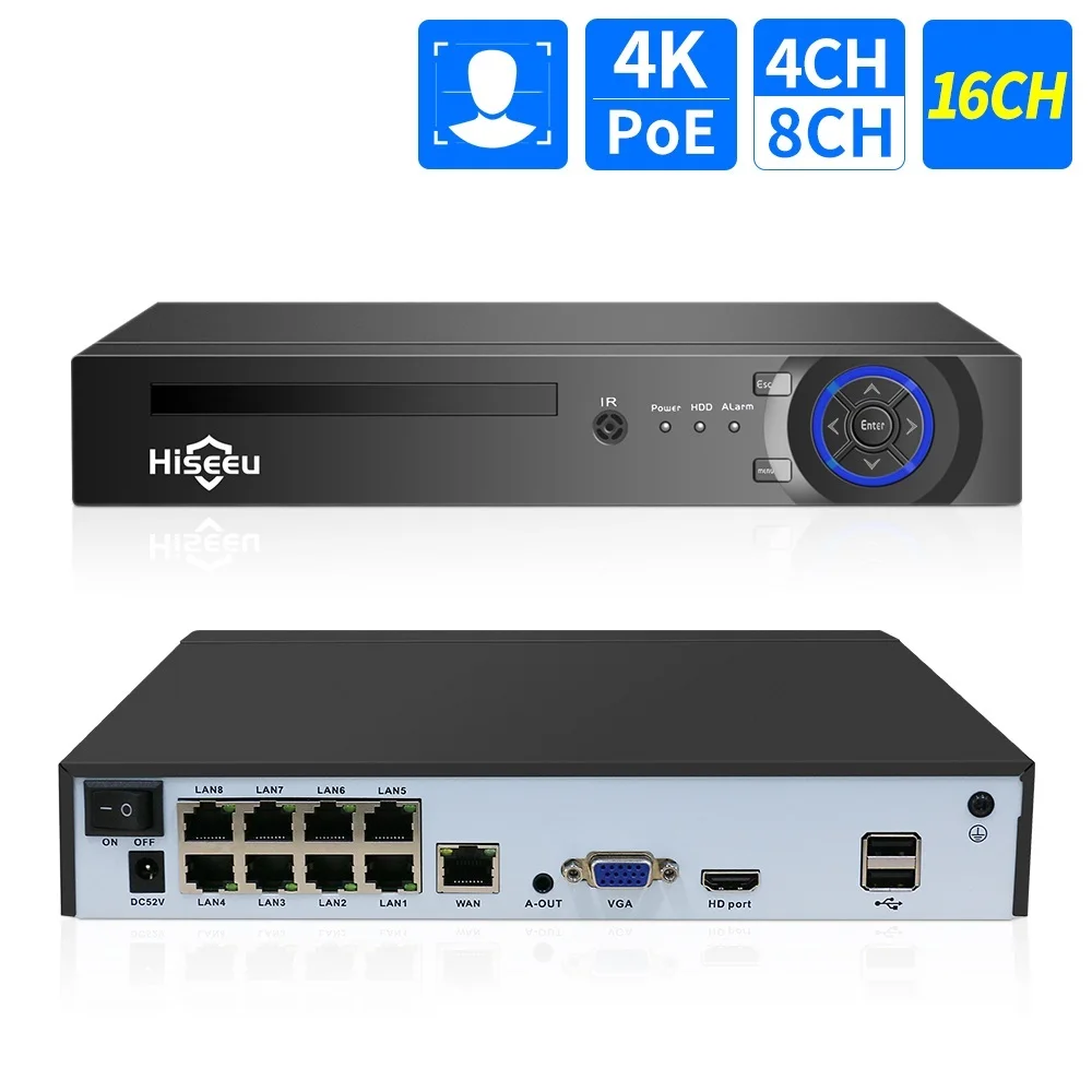 Vá! H.265 + 4ch 10ch 16ch poe nvr para câmera de vigilância de segurança ip sistema cctv 5mp 8mp 4k gravador de áudio e vídeo detecção facial