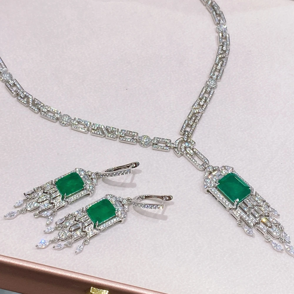 

ARIGAYA 925 Sterling Silver Jewelry Set Classic Square Cultivated Synthetic Emerald Necklace and earrimgs for Women Party Gift