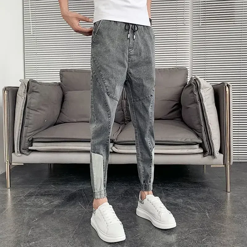 

Trousers Tight Pipe Spliced Jeans for Men Skinny Male Cowboy Pants Slim Fit Cropped Xs Korean Fashion Washed Autumn Clothing