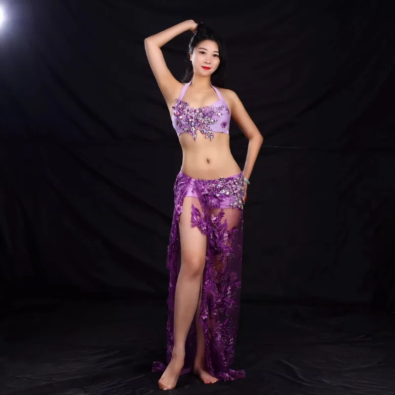 

Костюмы для танца живота по индивидуальному заказу, костюм для выступлений, длинная юбка с разрезом, сексуальная открытая групповая одежда, комплект с бюстгальтером и юбкой для соревнований