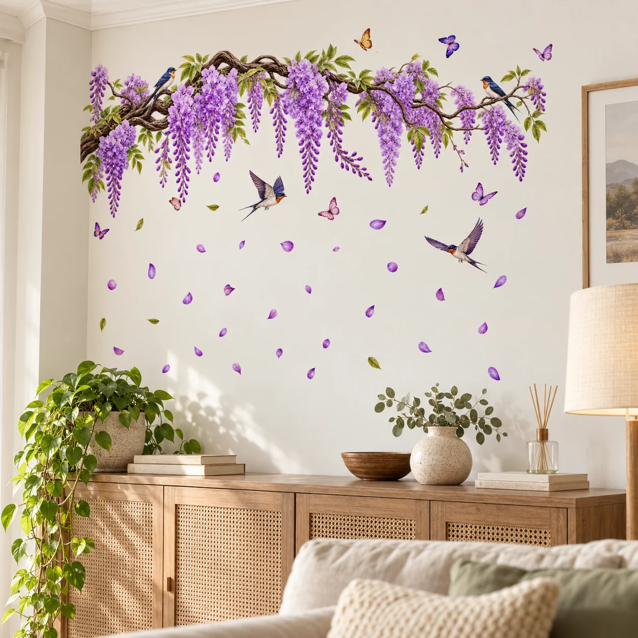 Purple Wisteria Branch Wall Decal Peel and Stick Swallow Butterfly Floral Vine Wall Sticker for Bedroom Nursery Decor