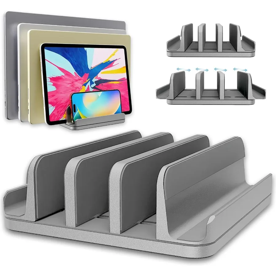 

Vertical Laptop Stand Holder 5 Slots Aluminum Space-Saving Laptop Holder Adjustable Size Dock Tabletop Desk Organizer 3 Slot +