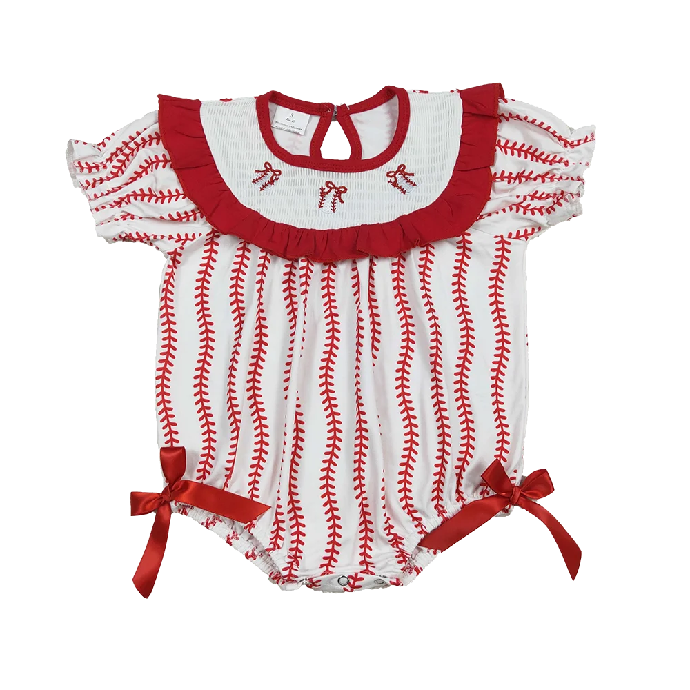 

12.26 Baby Girls Summer Rompers Smocked Baseballs Bows Baby Girls Red Stripe Team Ruffle Rompers