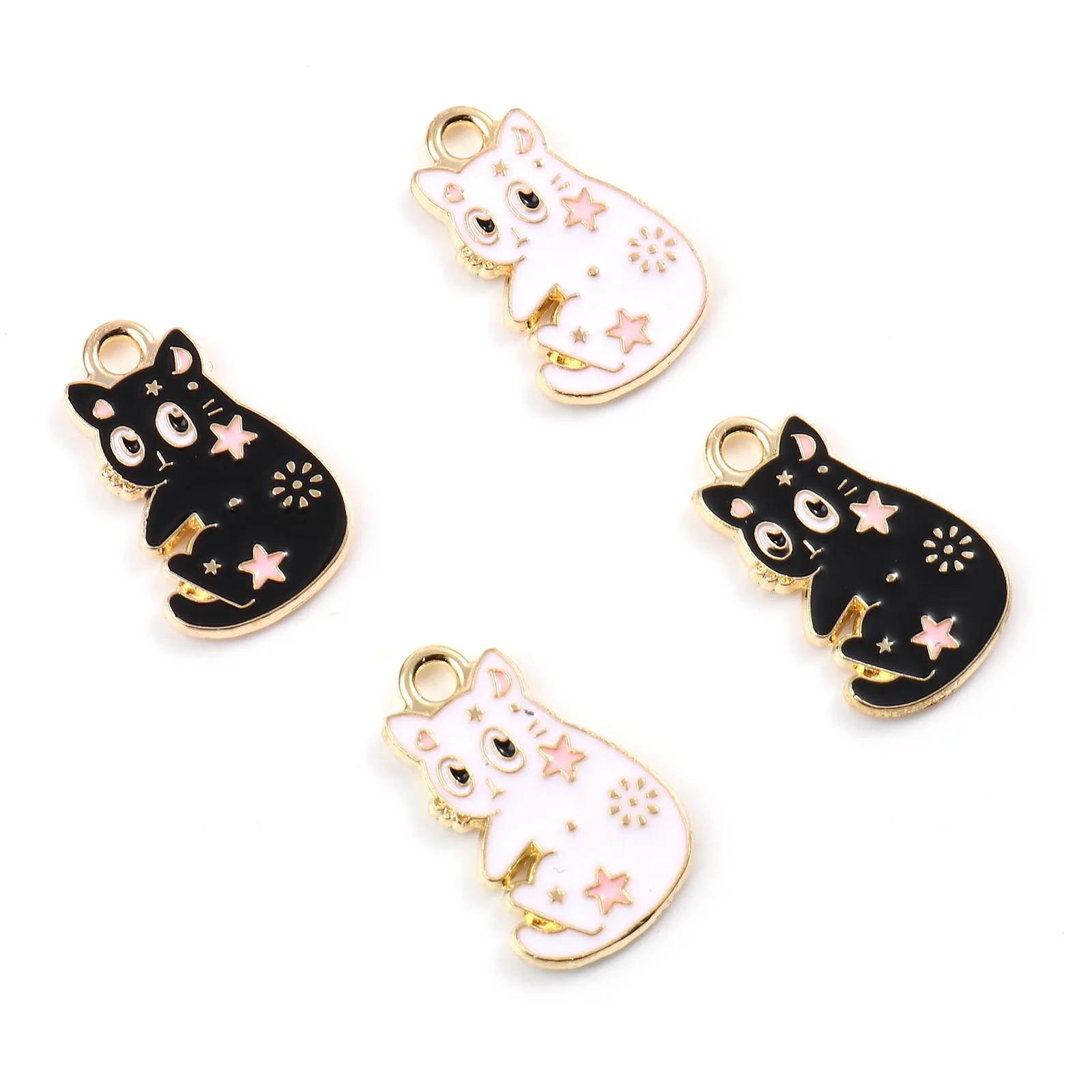 Cute Cartoon Charms Cat Animal Gold Color Metal Enamel Star Moon Pattern Pendants DIY Making Earrings Jewelry 20mm x 12mm,10PCs