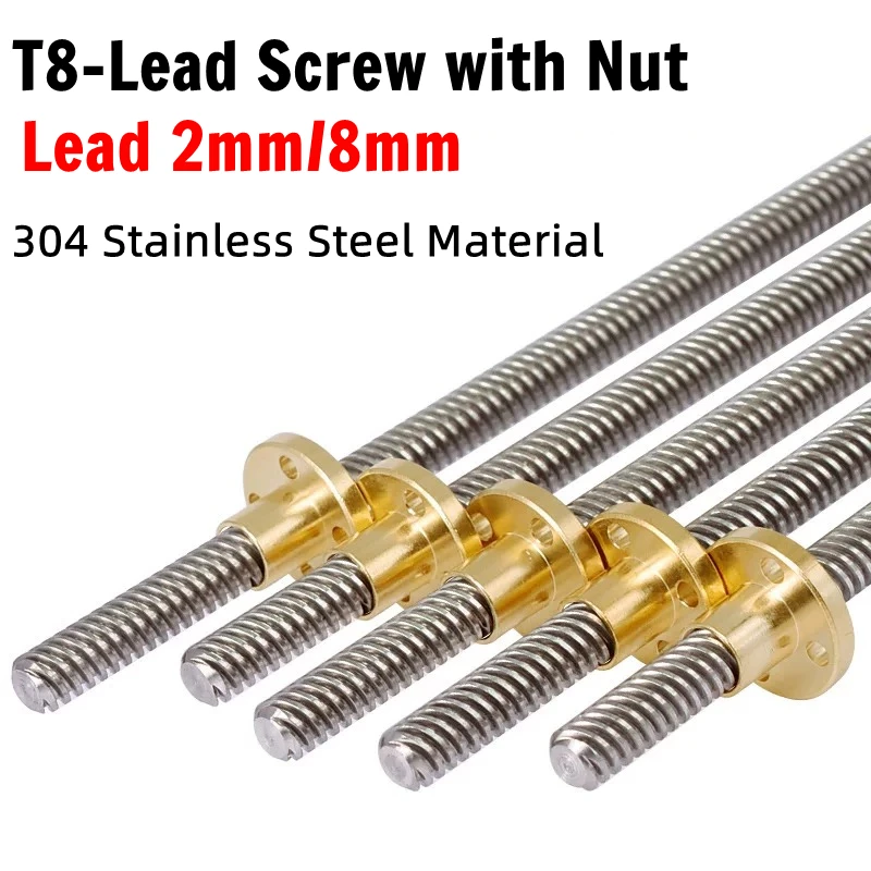 

T8 Lead Screw With nut OD 8mm Lead 2/8mm Pitch 2mm Length 100mm 200mm 300/400mm Lead Screw With Brass Nut Reprap 3D Printer Part