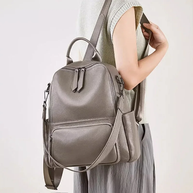 Genuine Cowhide New Casual Backpack, Aidrani Women Leather Rucksack, Fashion Shoulder Bag for Travel Work Daily Use