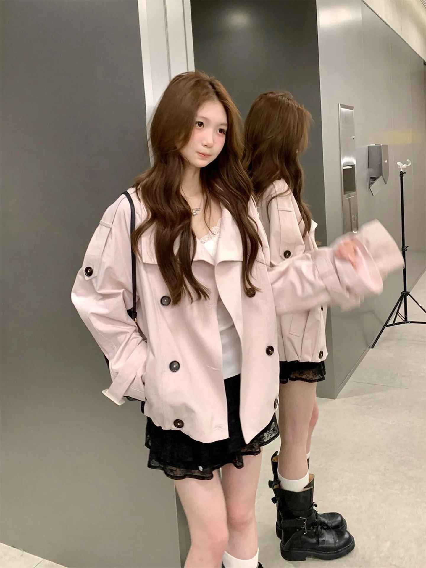 Pink Double-Row Button Style Coat Women's Short Jacket Loose Fit Gentle Style Outerwear Warmth Lined Standard Size Autumn Wear