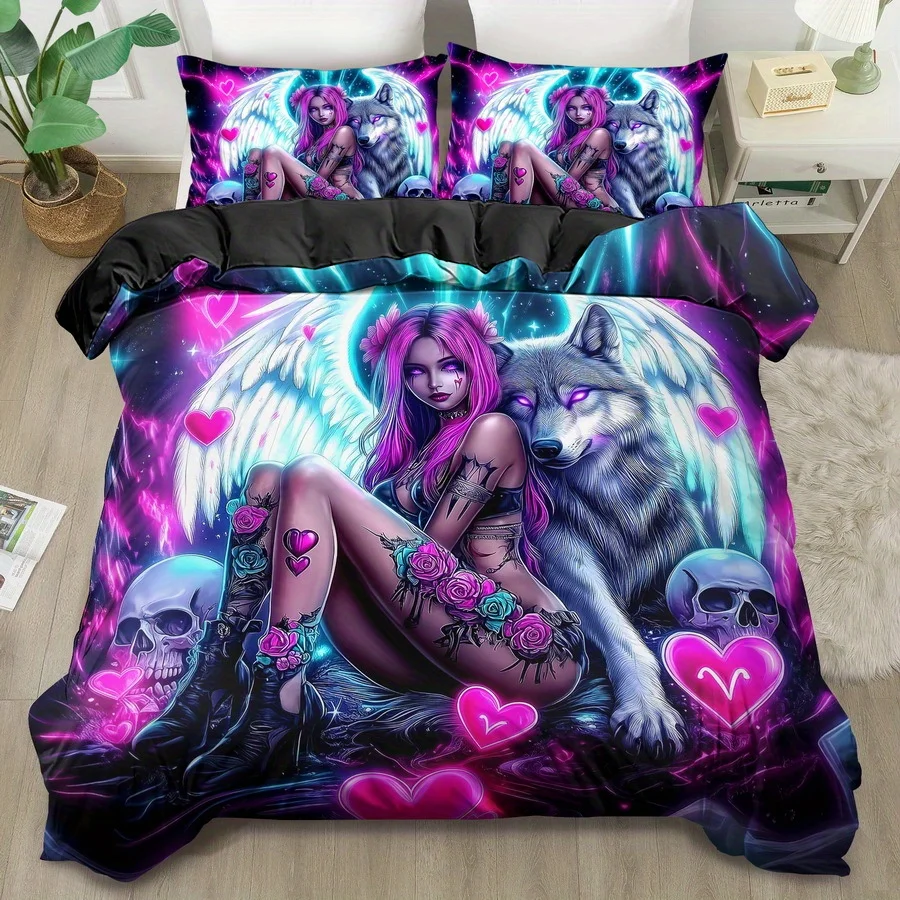 Gothic Angel And Wolf Print Duvet Cover Set - King Queen Size Machine Washable Quilt Bedding Decoration