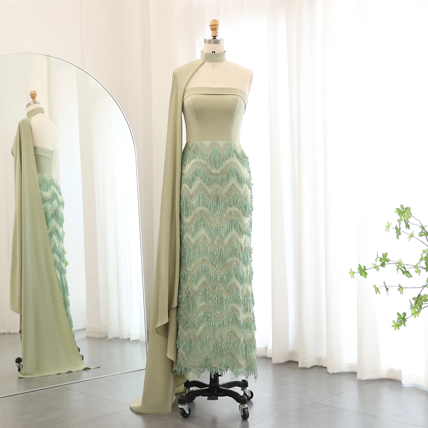 Sharon Said Dubai Blaues Zweiteiliges Abendkleid, Luxuriöses Hochgeschlossenes Perlenbesetztes Quastenkleid, Formelle Damen-Ballkleider SS143, Maßanfertigung – Detail 12