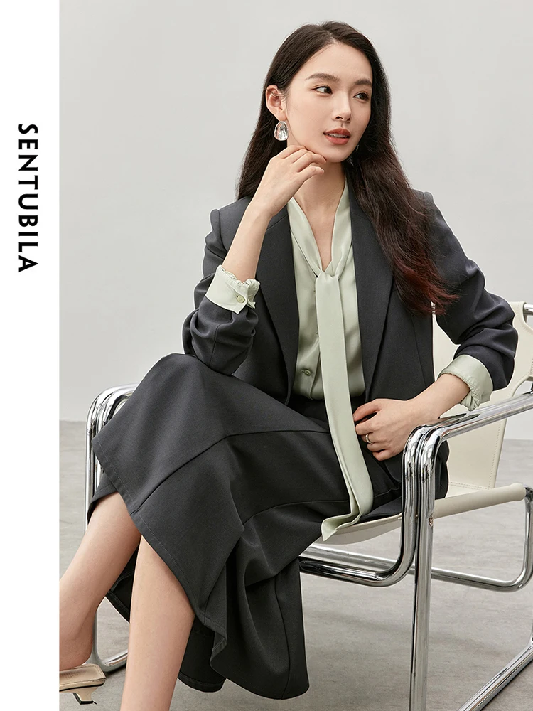 SENTUBILA 여성 느슨한 짙은 회색 블레이저 2025 가을 한국 노치 칼라 싱글 버튼 Office 레이디 비즈니스 코트 143X57277