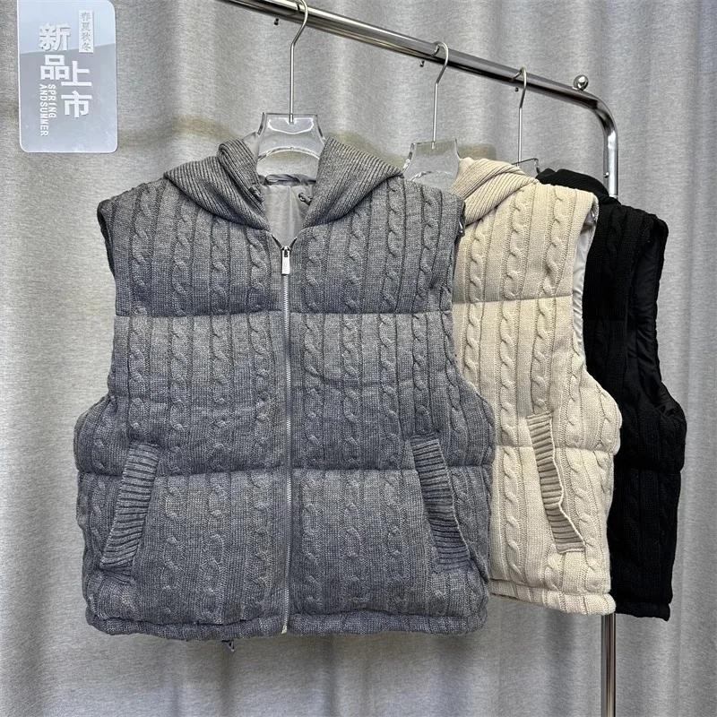 

Winter New Women's Fleece Lined Thick Knitted Patchwork Warm Hooded down Vest Y2K High Quality Fashion Casual Goose down Jacket