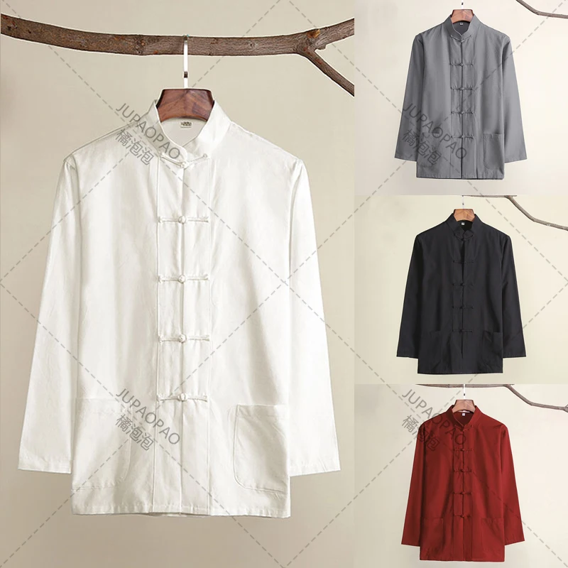 Cotton Traditional Chinese Tang Suit Top Clothes Men Long Sleeve Kung Fu Tai Chi Uniform Spring Autumn Shirt Blouse Coat