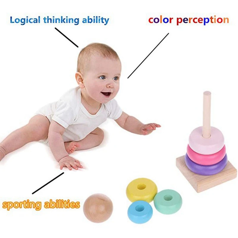 ABJL-Rainbow Stacking Ring Tower Staple Ring Blocks Baby Gift Toys Early Teaching Aids Wood Toddler Baby Toy