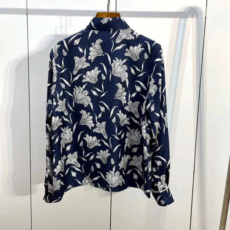 

Top End Women Blue Real Silk Printed Long Sleeve Single Breasted Slim Blouse Elegant Lady All Match Turn-down Collar Tops Shirts