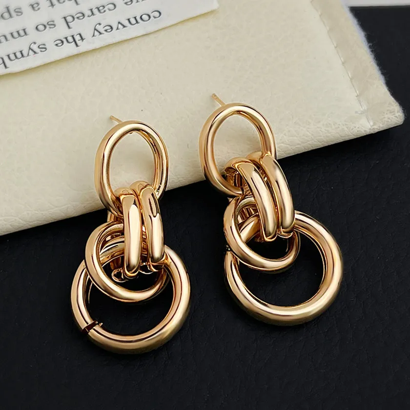 

Gold Color Circle Linked Drop Earrings for Women Classic Round Metal Pendant Statement Earring Girl Party Jewelry