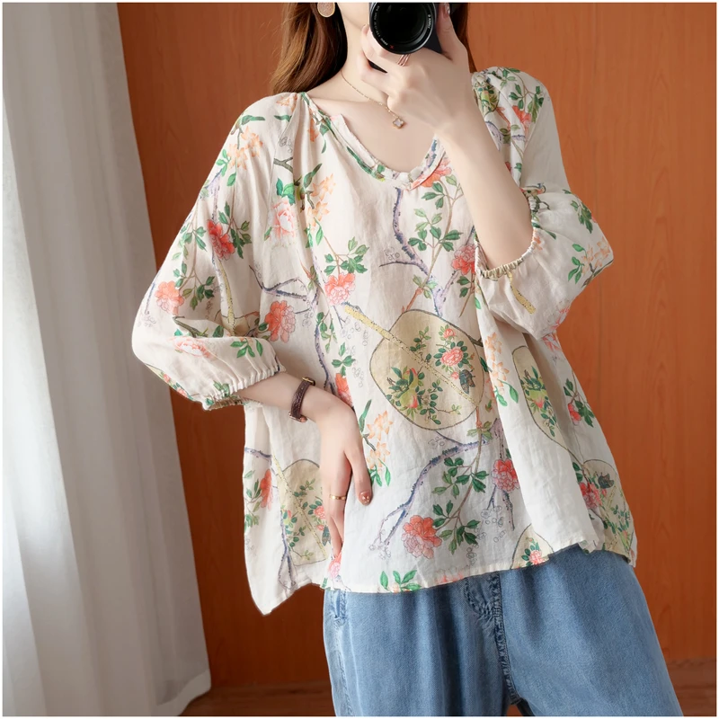 

Spring Autumn New Sle Thin Cotton Linen ort Sve Loose Fit V-Ne T-irt Casual Faion Women's Top Sun Protection