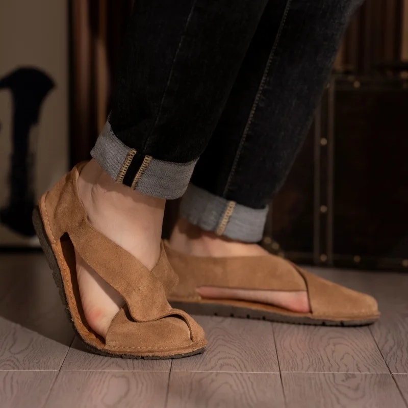 Careaymade-Sandalias retro de piel auténtica para mujer, zapatos antideslizantes con suela plana suave, hechas a mano, talla grande 35-44