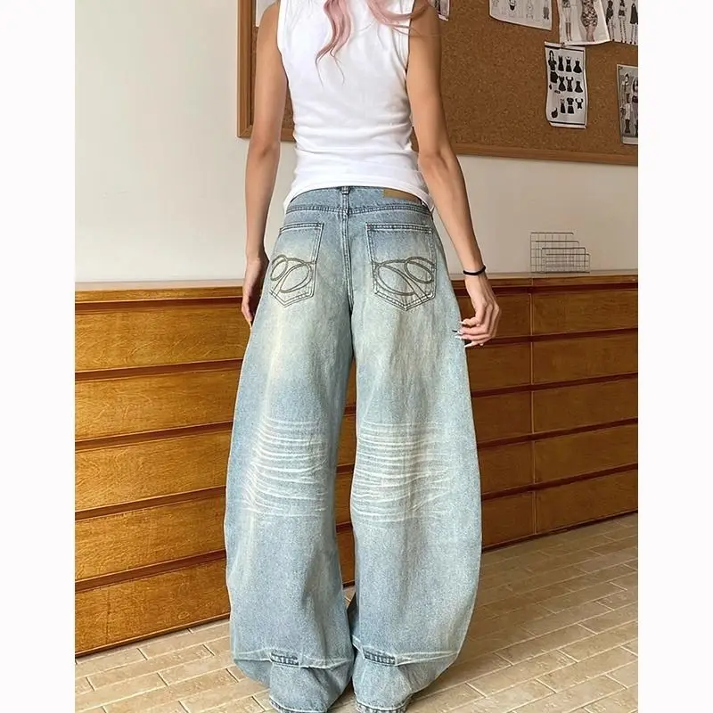 

Ретро-джинсы американского стиля с эффектом потертости, синие, широкие, женские, свободного кроя, прямые, из хлопкового денима, повседневные брюки