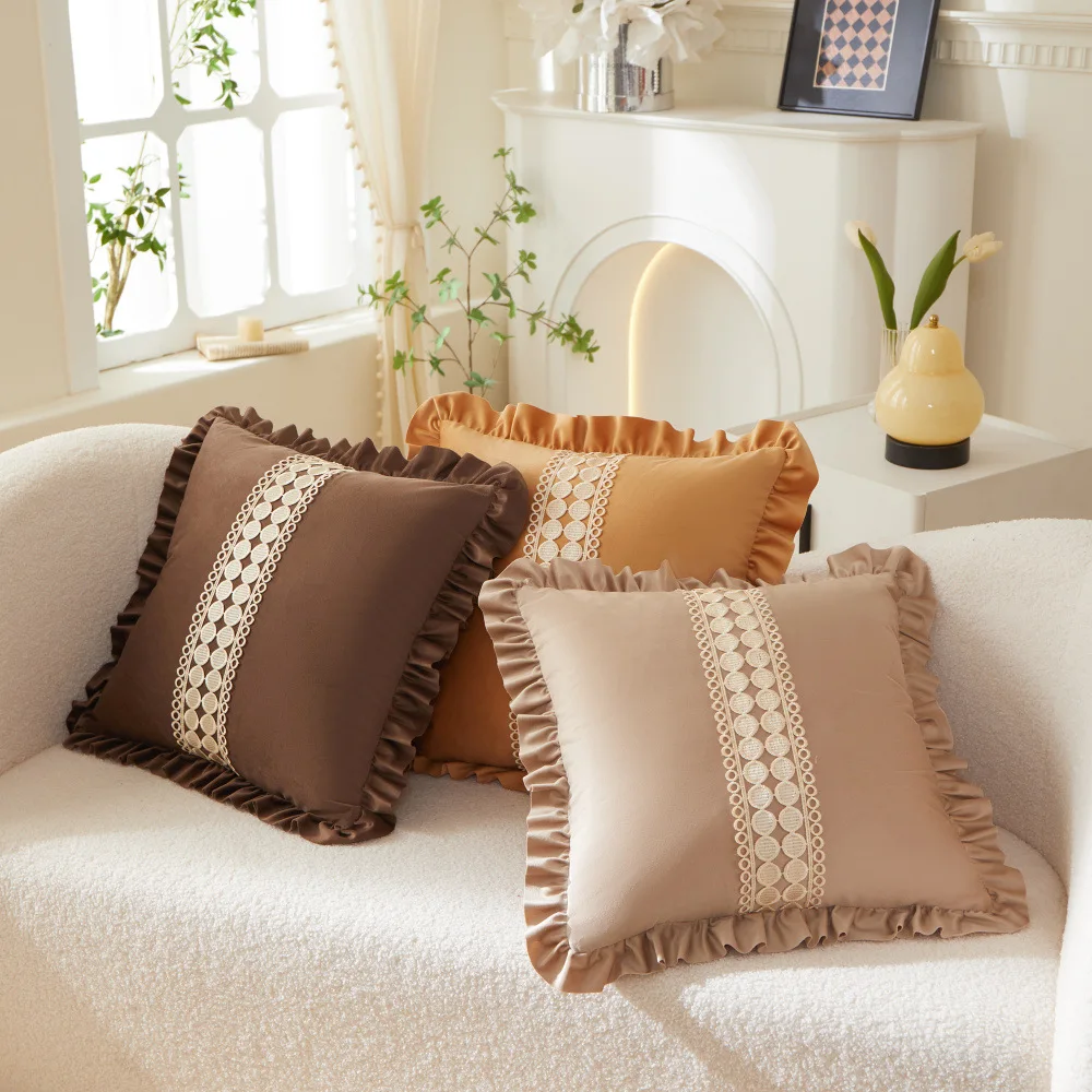 2-Piece Dutch Velvet Ruffle Edge Cushion Cover Solid Color Lace Patchwork Pillowcase Soft Sofa Bed Throw Pillow Cover Decorative