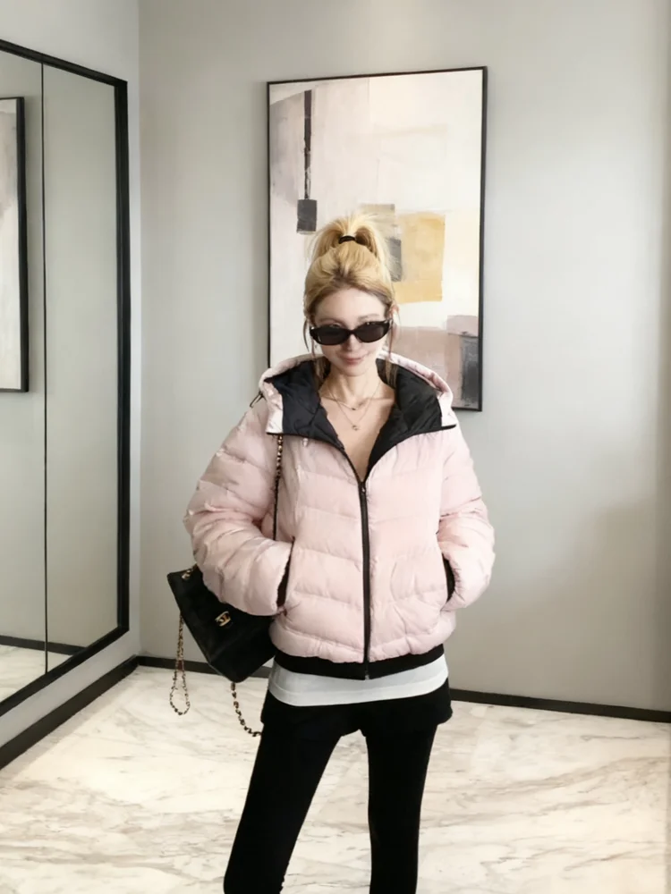 

Color Blo Hooded ort down Jaet Women's Winter New American Loose Casual Lightweight Warm 90% White Du down Coat