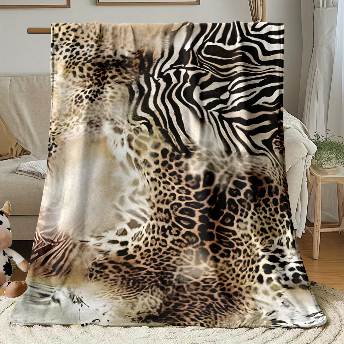 Leopard Zebra Print Flannel Throw Blanket,  Soft Fleece Blanket for Couch Office, All Season Outdoor Camping Picnic Travel Gift