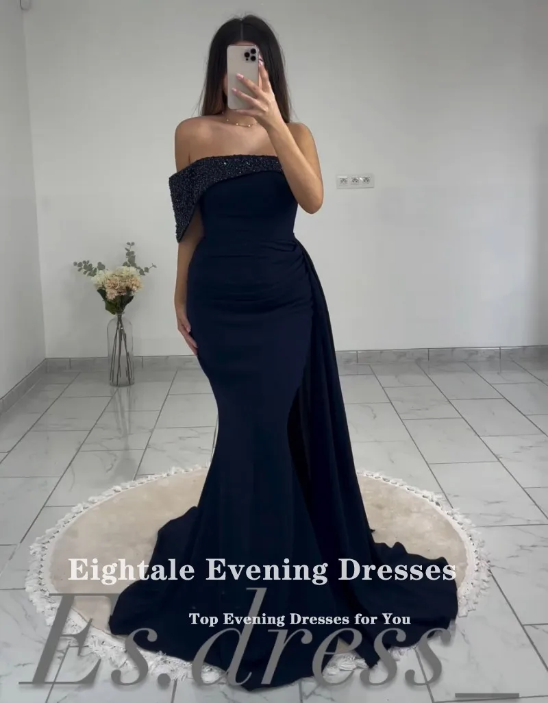 Vestido de lantejoulas sem ombro, elegante vestido de sereia para baile, festa de casamento, azul marinho