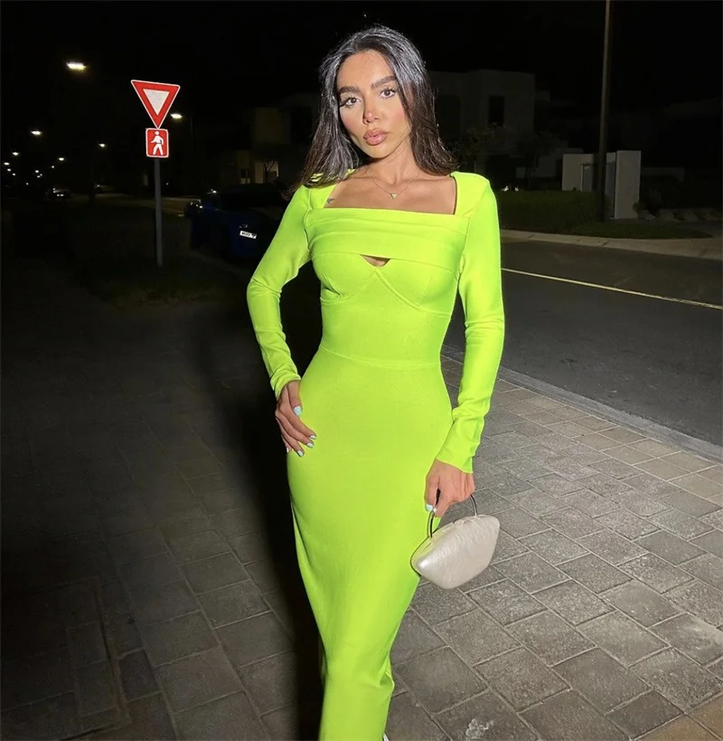 Fluorescen Green Bandage Skirt Prom Dress Full Sleeves Sexy Formal Back Split Evening Dress Party Gown In Stock