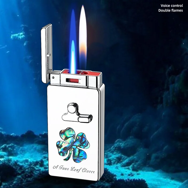 

New Touch Ignition Rechargeable Windproof Cigarette Lighter,Intelligent Voice Dual Control Dual Flame Gas Lighter, Outdoor Tool