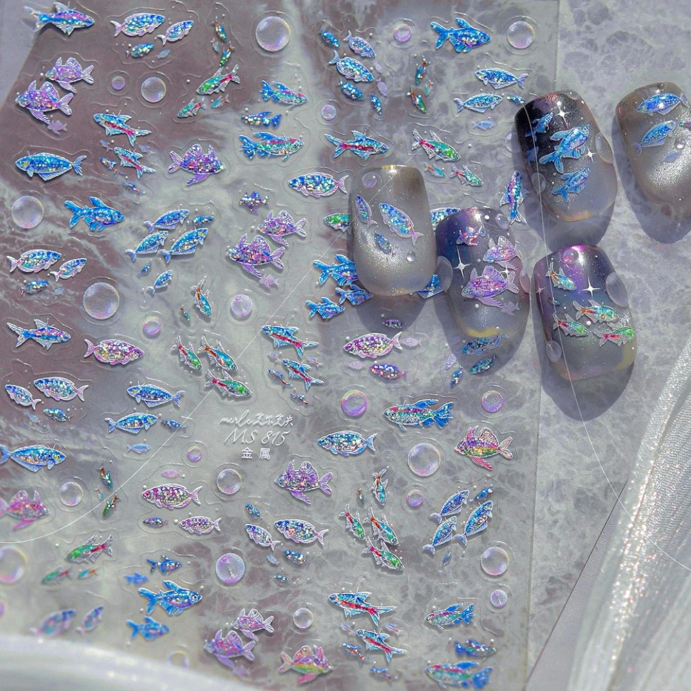 

Shiny Metallic Luster Ocean Shoal of Fish Bubble 3D Nail Art Stickers Shell Conch Starfish Jellyfish Summer Sea Manicure Decals