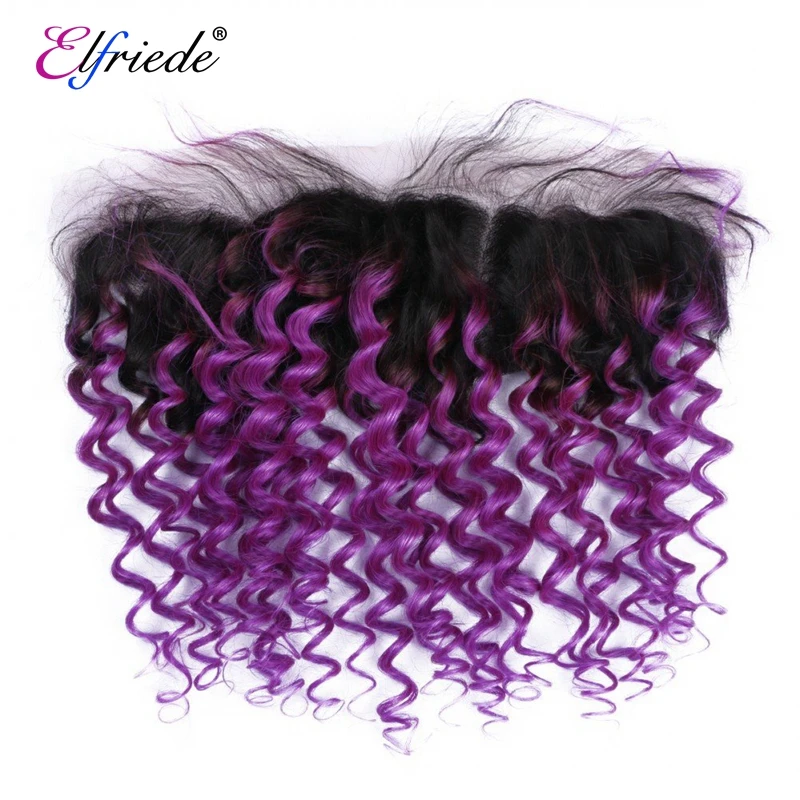 Elfriede #T1B/Purple Deep Wave Ombre Colored Hair Bundles with Frontal 100% Human Hair Weaves 3 Bundles with Lace Frontal 13x4