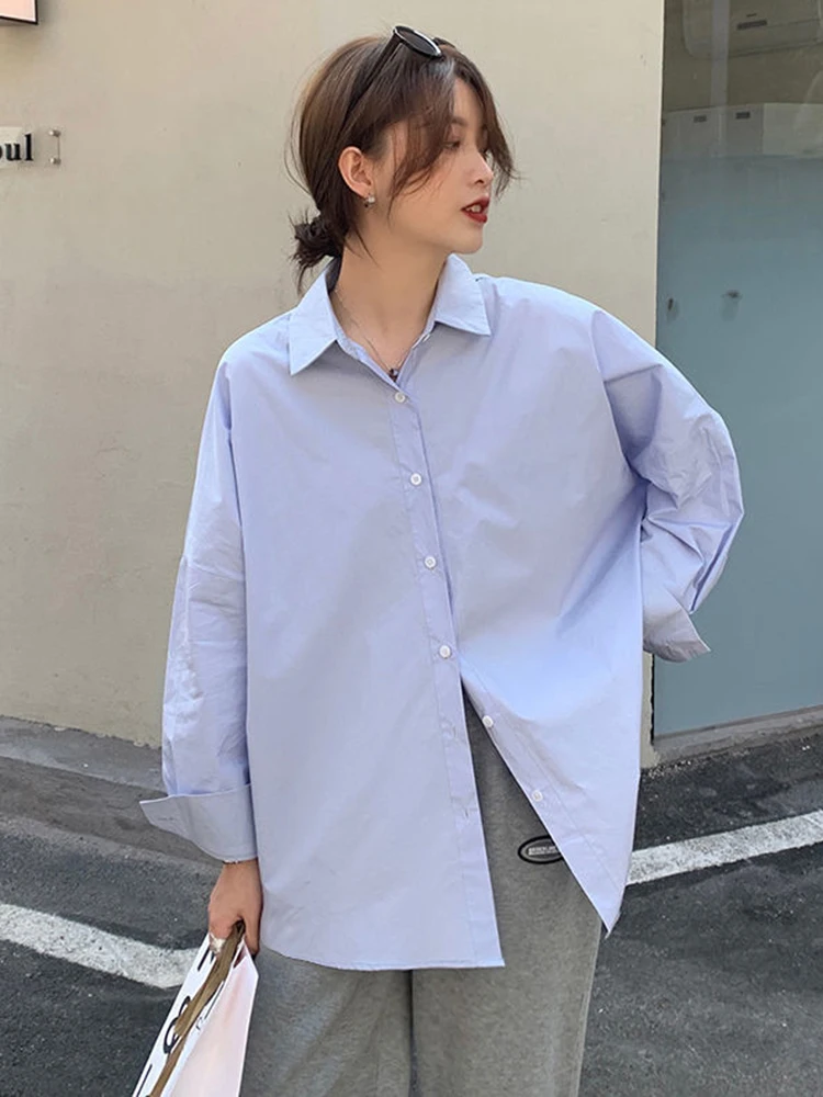 Zoki New Preppy Style Women Simple Shirt Korean Fashion Loose Harajuku Blouse Autumn Long Sleeve All Match Design Blue Tops Chic