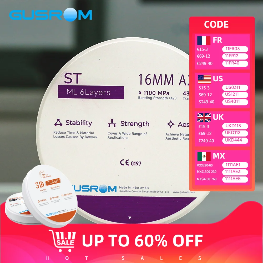 

GUSROM ST ML Multilayer Zirconia Block 98mm Pre-Stained Dental Zirconia Disc VITA for CAD/CAM Posterior Crown Bridge Dental Lab