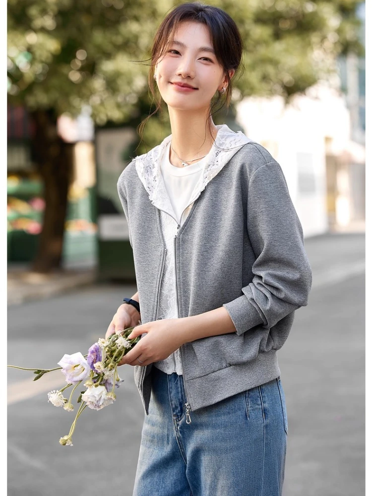 VIMLY Grigio Pizzo Con Cappuccio Patchwork 2 in 1 Giubbotti Sportivo Donna Autunno 2025 Elegante Manica Lunga Cerniera Lavorato A Maglia Cappotti da Donna A2178