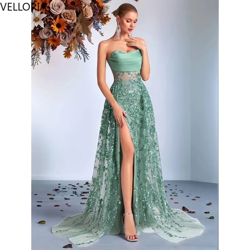 Luxe feestjurk dames saliegroen geborduurde jurk strapless elegante avondjurk baljurk vestidos de fiesta aangepast