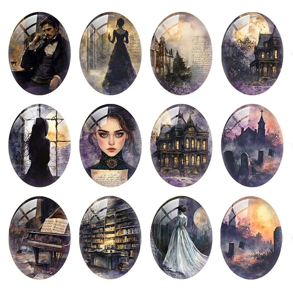 

10pcs/lot Halloween Horror Gothic Girl Castle Haunted House Oval Photo Glass Cabochon Flatback Demo Cameo Diy Jewelry Making