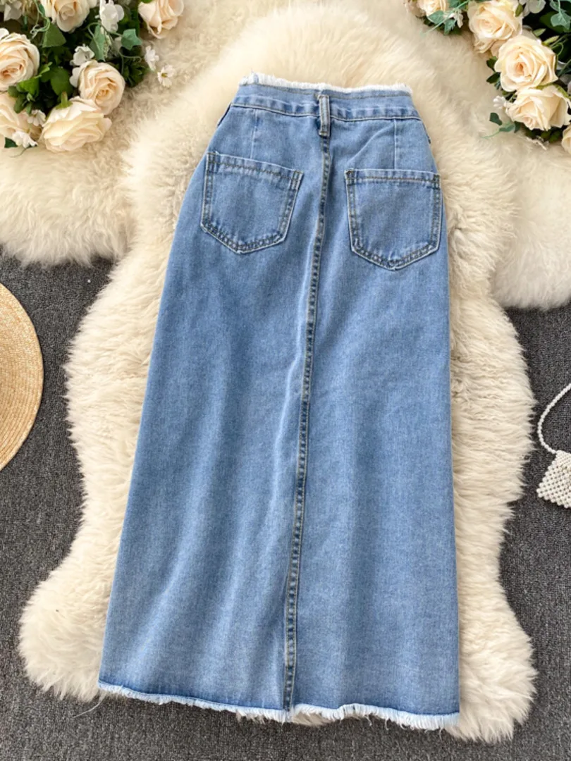 Foamlina Long Denim Skirt for Women Korean Fashion Vintage Tassels High Waist Single Breasted A-line Jeans Skirt with Pockets