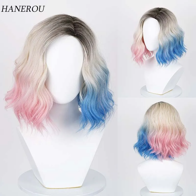 

Short Bob Synthetic Wig Mixed Pink Blue Water Wave Fake Hair With Bangs For Women Cosplay Lolita Heat Resistant Natural Hair