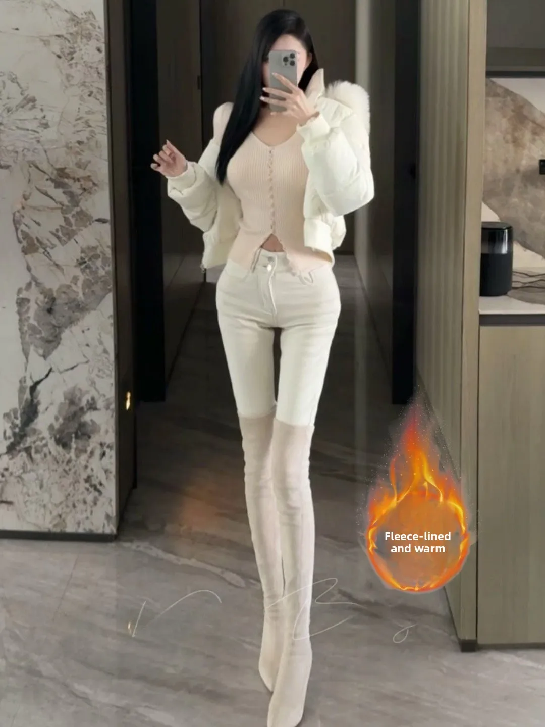 

High Waist Slim Fit Fce Lined Denim Pants Women's Autumn Winter Elastic Pure Desire Versatile Cotton Stretch Jeans